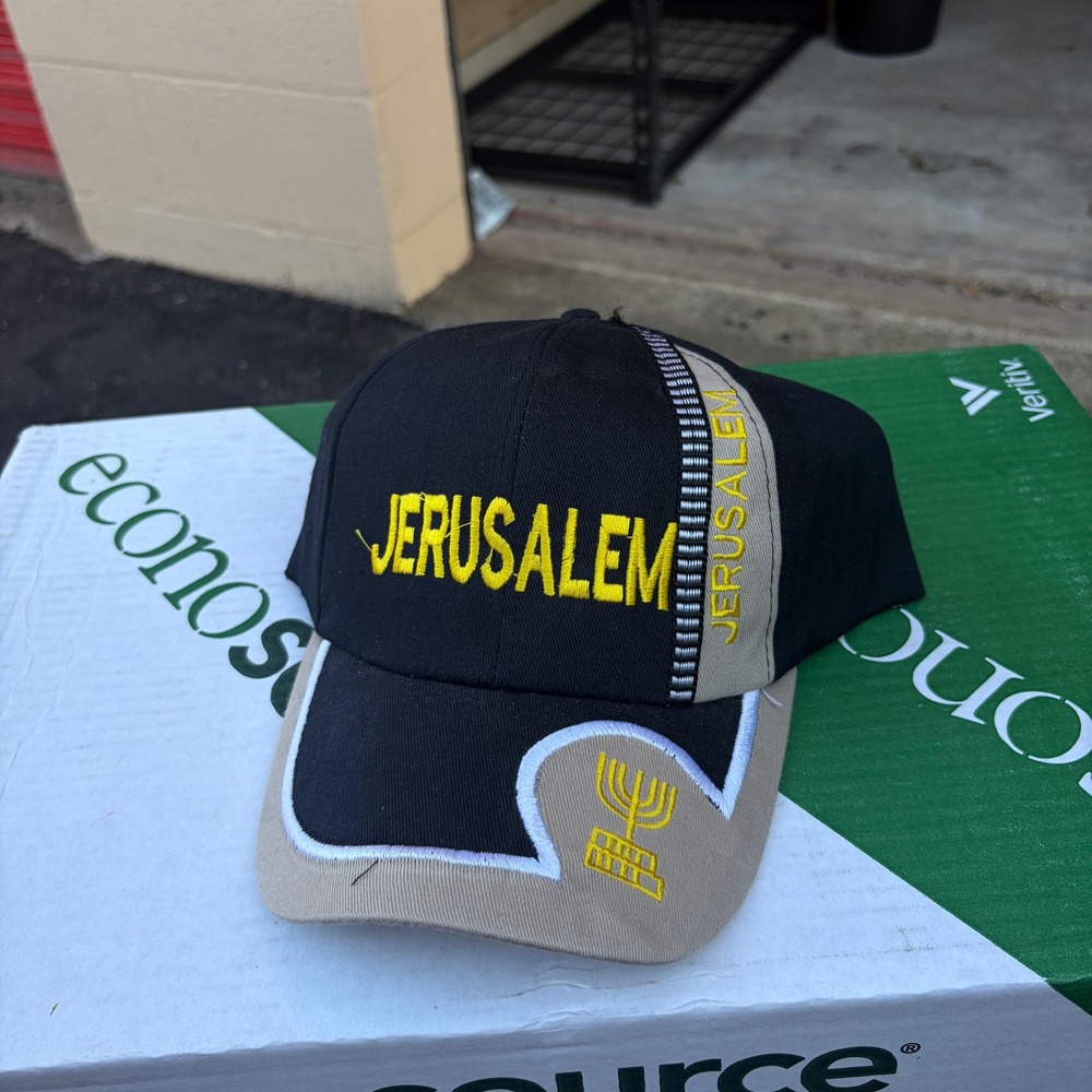 Jerusalem Israel Menorah Souvenir Baseball Hat Black Tan Yellow Adjustable Cap